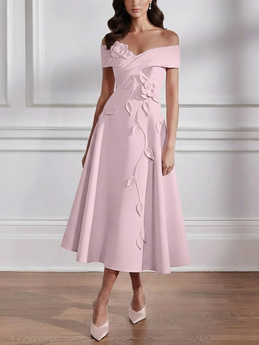 Off-the-shoulder Stretch Satin Mother of the Bride Dresses with 3D Flower Tea-Length Sleeveless