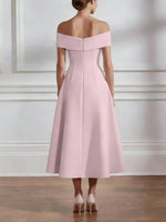 Off-the-shoulder Stretch Satin Mother of the Bride Dresses with 3D Flower Tea-Length Sleeveless