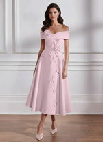 Off-the-shoulder Stretch Satin Mother of the Bride Dresses with 3D Flower Tea-Length Sleeveless