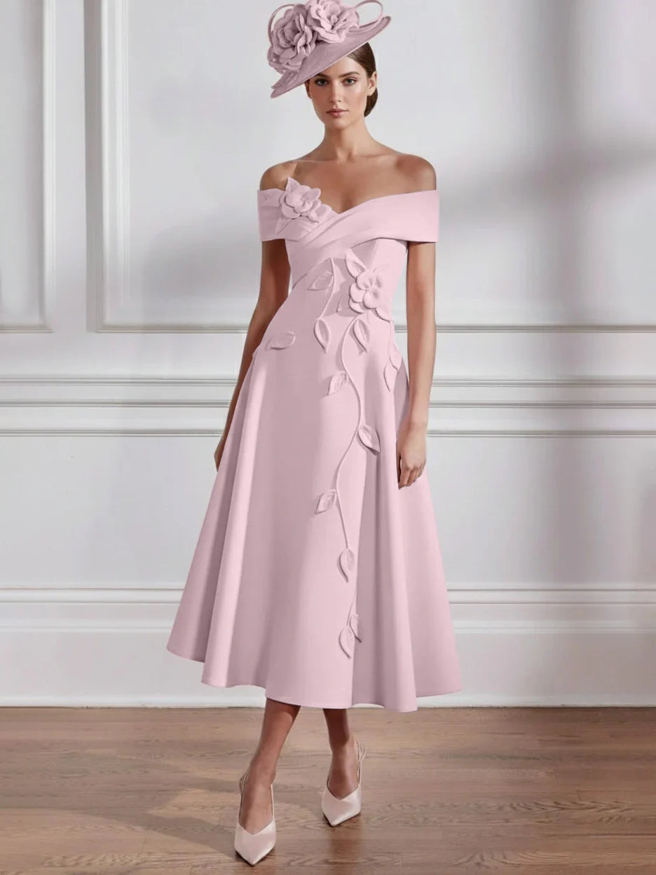 Off-the-shoulder Stretch Satin Mother of the Bride Dresses with 3D Flower Tea-Length Sleeveless