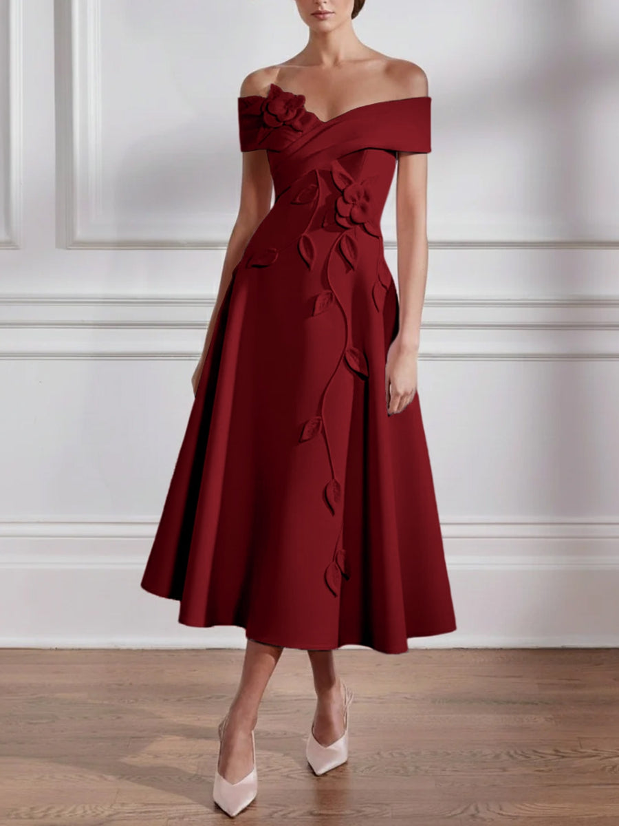 Off-the-shoulder Stretch Satin Mother of the Bride Dresses with 3D Flower Tea-Length Sleeveless