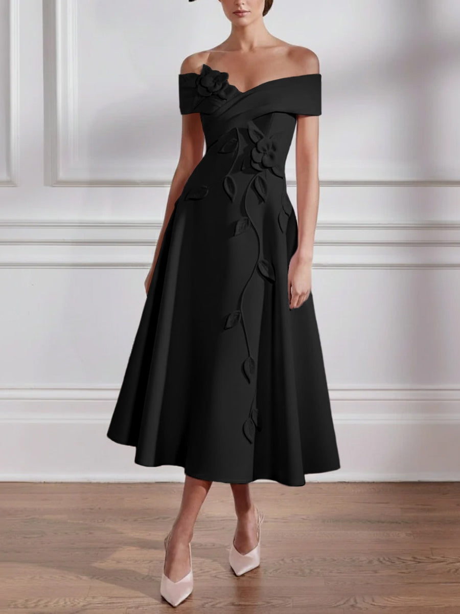 Off-the-shoulder Stretch Satin Mother of the Bride Dresses with 3D Flower Tea-Length Sleeveless