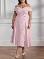 Off-the-shoulder Stretch Satin Plus Size Mother of the Bride Dresses with 3D Flower Tea-Length Sleeveless