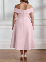 Off-the-shoulder Stretch Satin Plus Size Mother of the Bride Dresses with 3D Flower Tea-Length Sleeveless