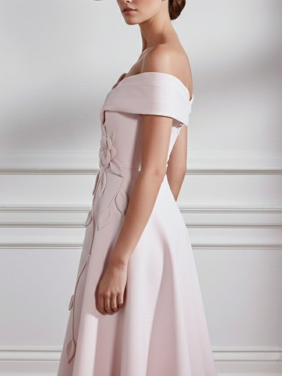Off-the-shoulder Stretch Satin Mother of the Bride Dresses with 3D Flower Tea-Length Sleeveless