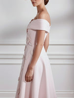 Off-the-shoulder Stretch Satin Mother of the Bride Dresses with 3D Flower Tea-Length Sleeveless