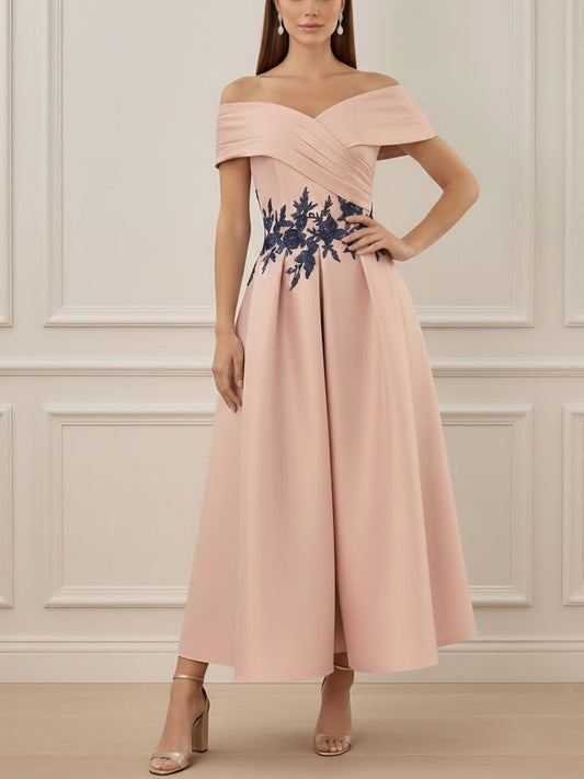 Off-the-shoulder Stretch Satin Mother of the Bride Dresses with Appliques Ankle-Length Sleeveless