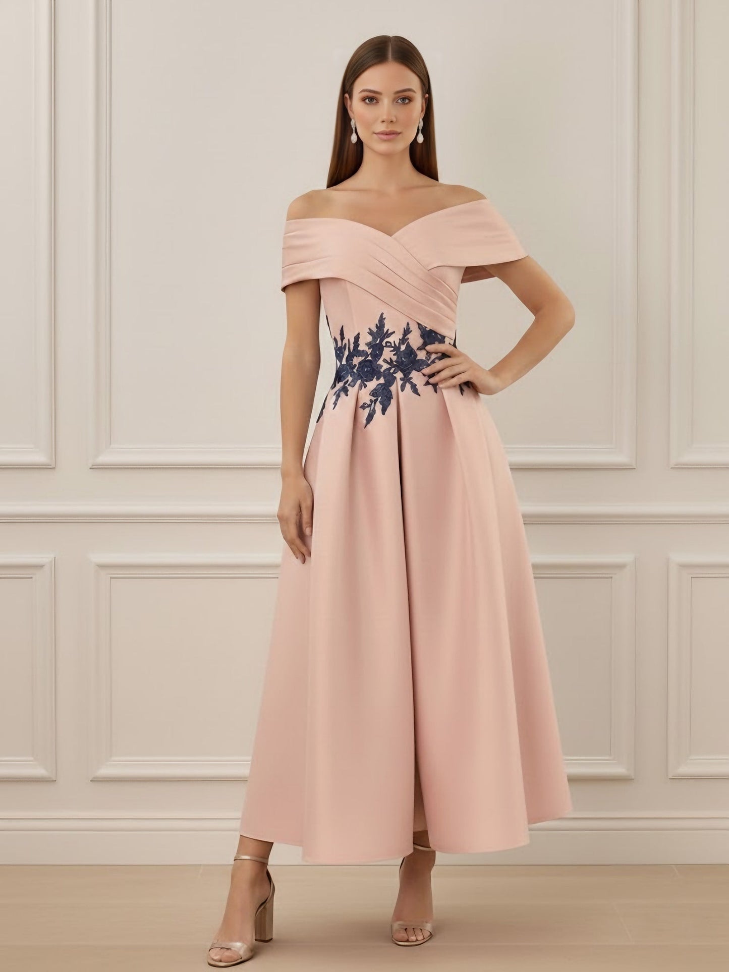 Off-the-shoulder Stretch Satin Mother of the Bride Dresses with Appliques Ankle-Length Sleeveless