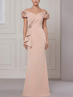 Off-the-Shoulder Stretch Satin Mother of the Bride Dresses Sleeveless Floor-Length Ruffles