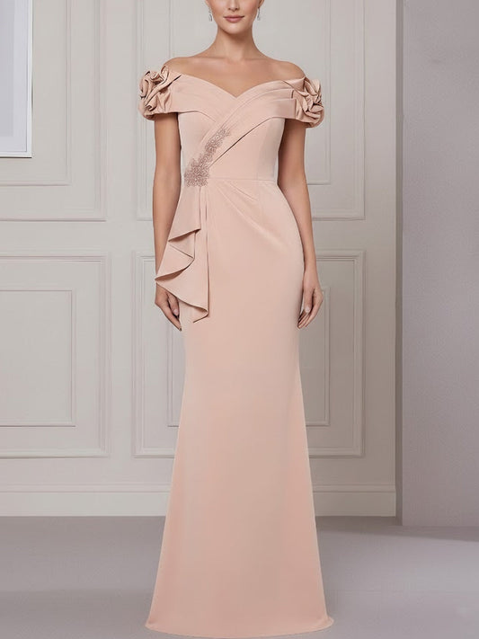 Off-the-Shoulder Stretch Satin Mother of the Bride Dresses Sleeveless Floor-Length Ruffles
