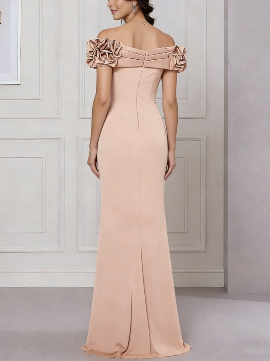 Off-the-Shoulder Stretch Satin Mother of the Bride Dresses Sleeveless Floor-Length Ruffles