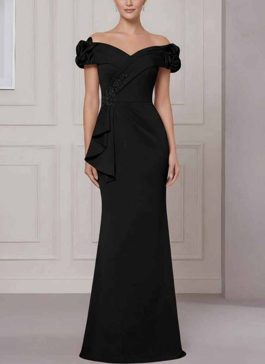 Off-the-Shoulder Stretch Satin Mother of the Bride Dresses Sleeveless Floor-Length Ruffles