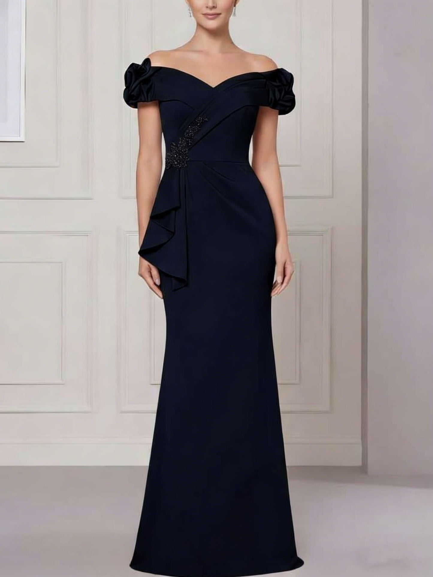 Off-the-Shoulder Stretch Satin Mother of the Bride Dresses Sleeveless Floor-Length Ruffles