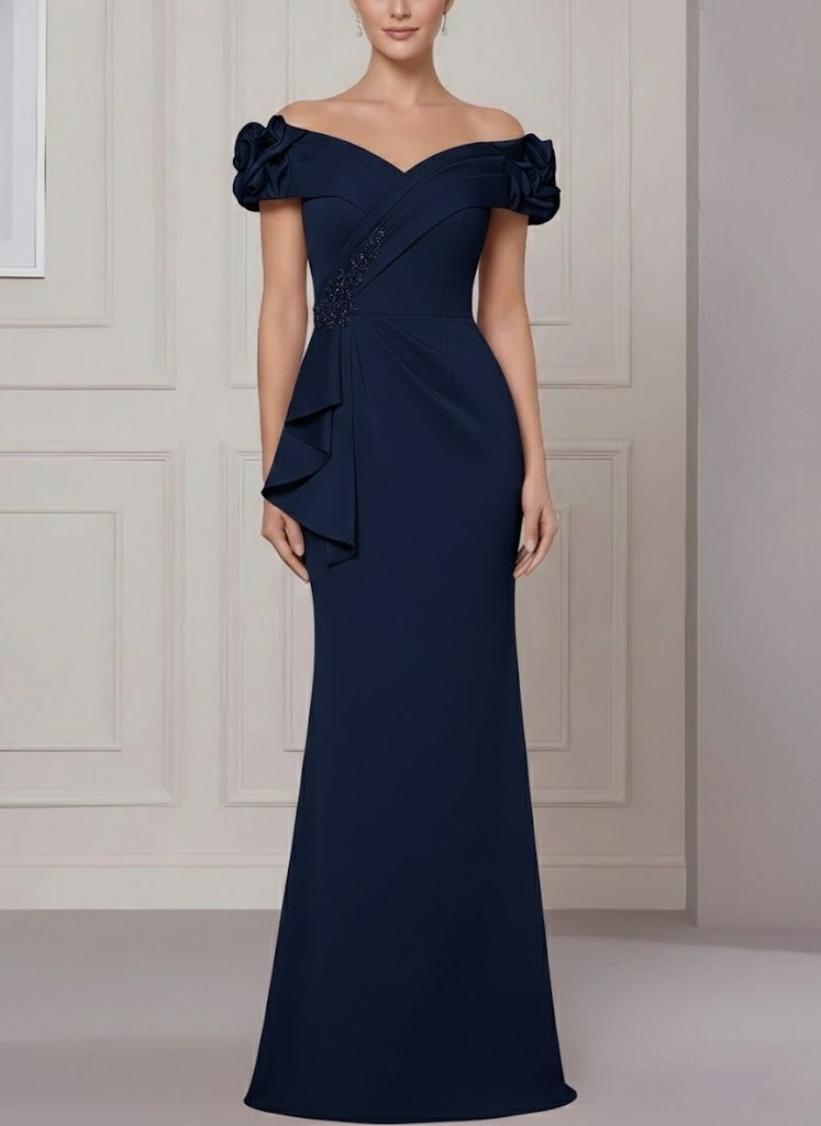 Off-the-Shoulder Stretch Satin Mother of the Bride Dresses Sleeveless Floor-Length Ruffles