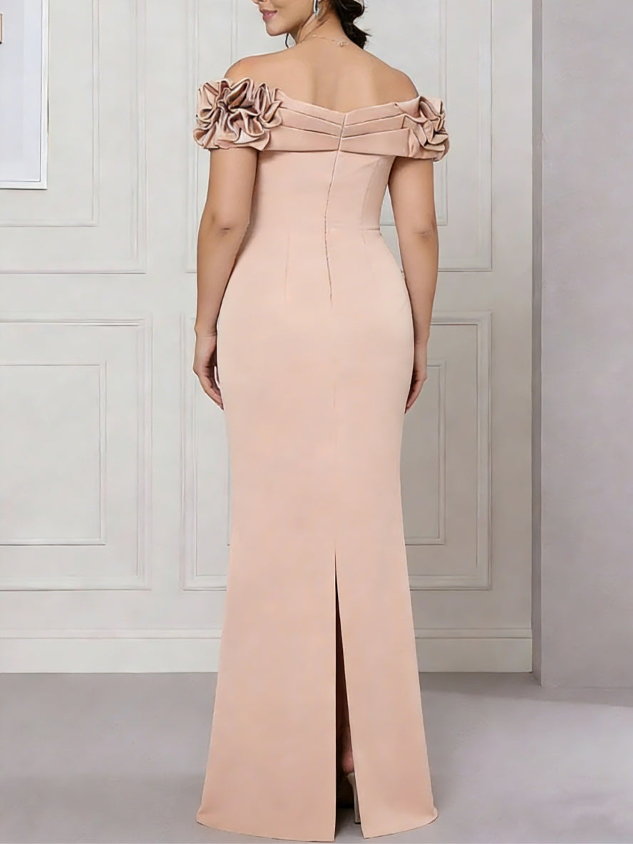 Off-the-Shoulder Stretch Satin Plus Size Mother of the Bride Dresses Sleeveless Floor-Length Ruffles