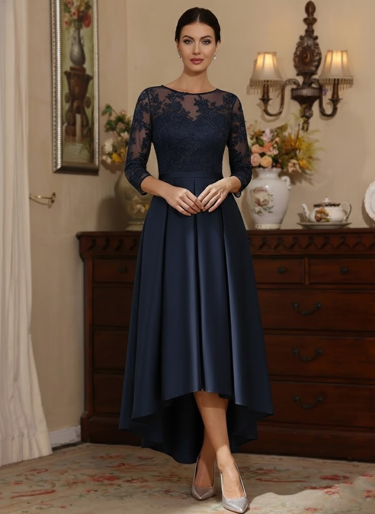 A-Line/Princess Scoop Satin Mother of the Bride Dresses Lace Asymmetrical Ankle-Length 3/4 Sleeves