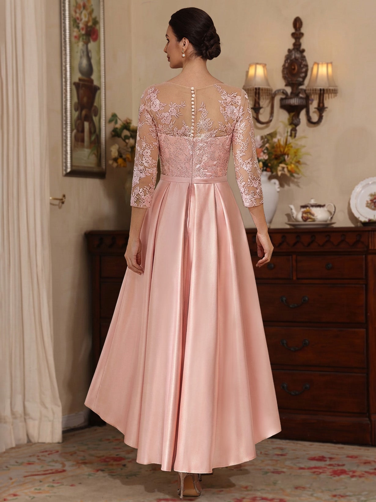 A-Line/Princess Scoop Satin Mother of the Bride Dresses Lace Asymmetrical Ankle-Length 3/4 Sleeves