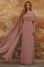 Cowl Neck Chiffon Mother of the Bride Dresses with Watteau Train Floor-Length Flower Sleeveless