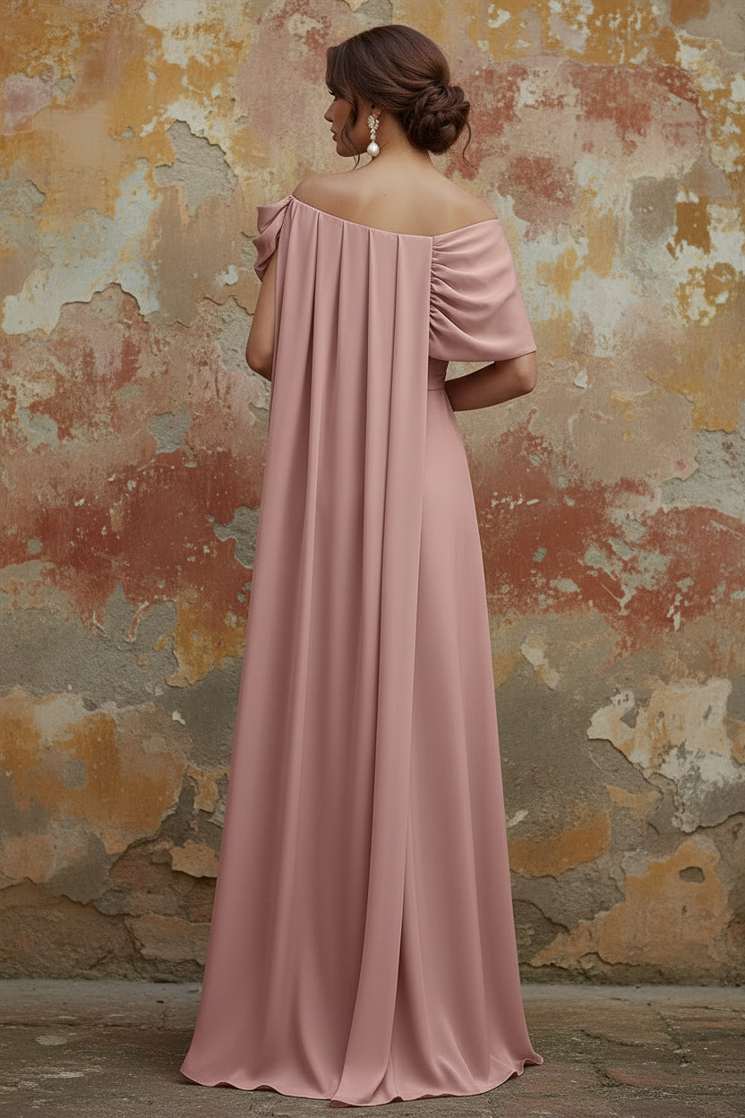 Cowl Neck Chiffon Mother of the Bride Dresses with Watteau Train Floor-Length Flower Sleeveless