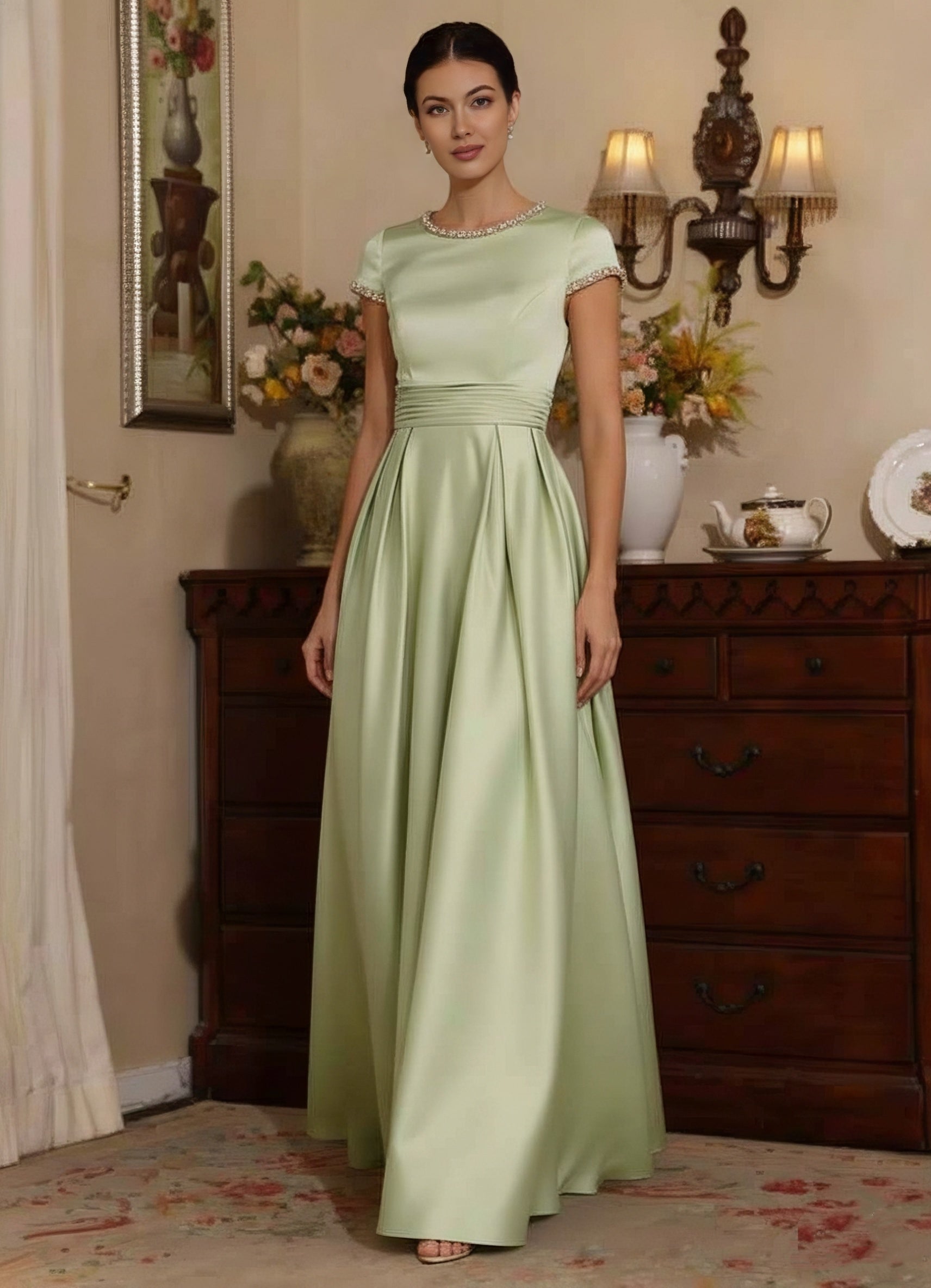 A-Line/Princess Silk Satin Jewel Neck Mother ofthe Bride Dresses Floor Length Short Sleeves Rhinestone