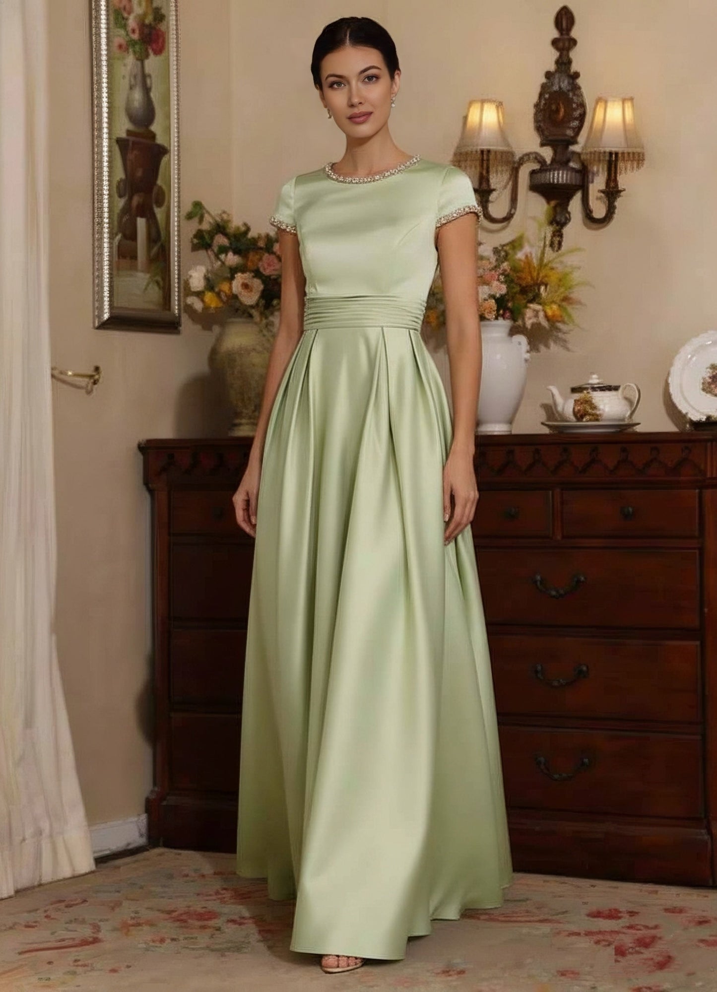 A-Line/Princess Silk Satin Jewel Neck Mother ofthe Bride Dresses Floor Length Short Sleeves Rhinestone