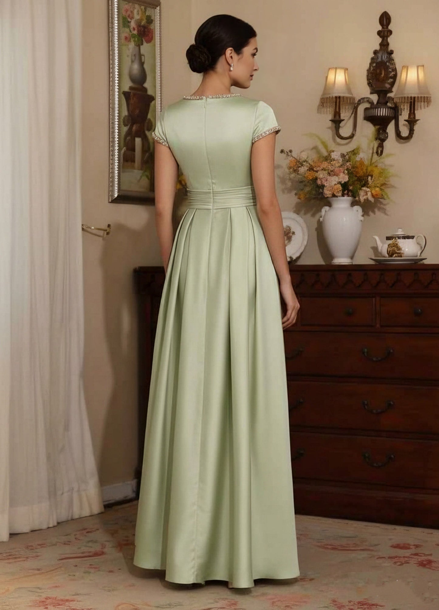 A-Line/Princess Silk Satin Jewel Neck Mother ofthe Bride Dresses Floor Length Short Sleeves Rhinestone