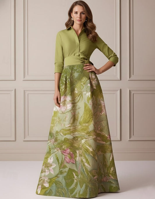 A-Line/Princess Shirt Collar Satin Mother of the Bride Dresses 3/4 Sleeves Floor-Length Floral Bowknot