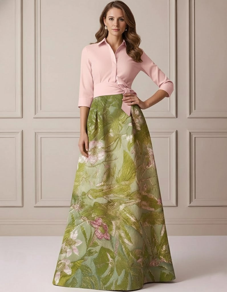 A-Line/Princess Shirt Collar Satin Mother of the Bride Dresses 3/4 Sleeves Floor-Length Floral Bowknot