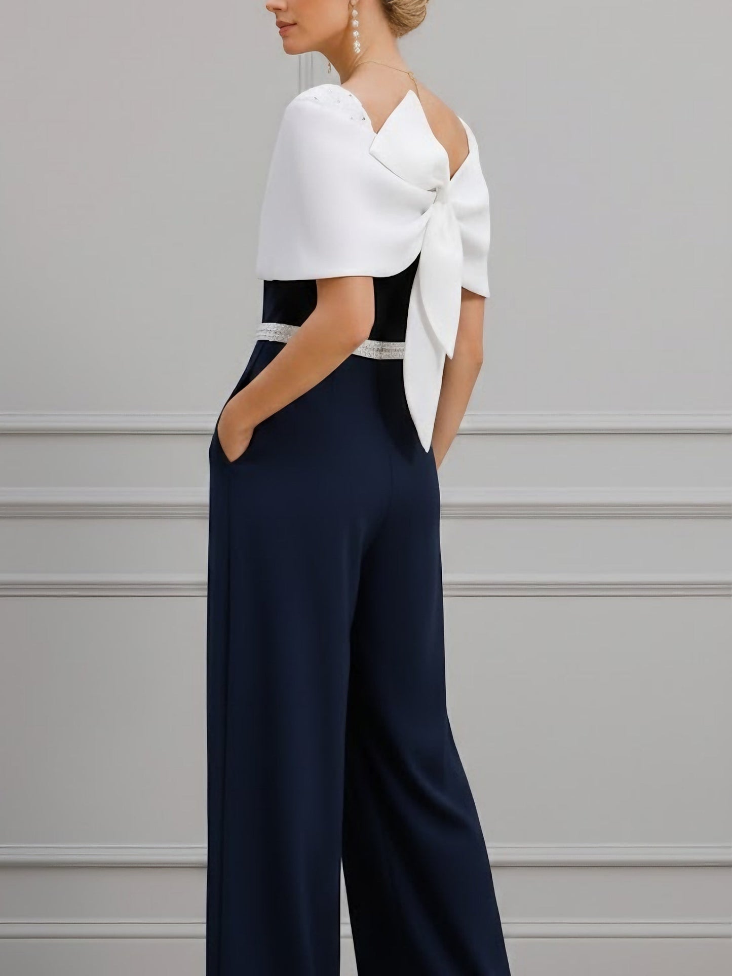 Square Collar Stretch Satin Mother of the Bride Jumpsuit Floor-Length Cape Sleeves Sash