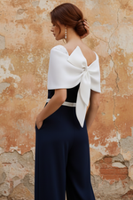 Square Collar Stretch Satin Mother of the Bride Jumpsuit Floor-Length Cape Sleeves Sash
