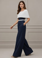 Square Collar Stretch Satin Mother of the Bride Jumpsuit Floor-Length Cape Sleeves Sash