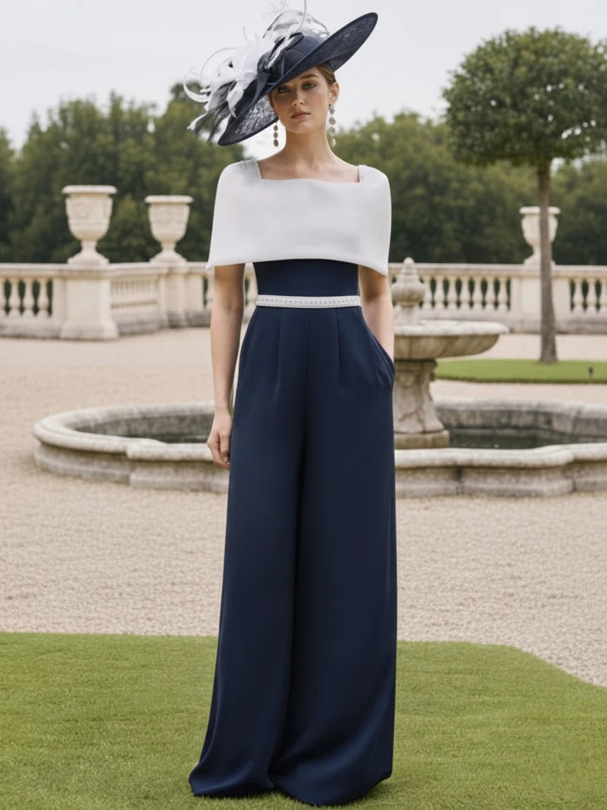 Square Collar Stretch Satin Mother of the Bride Jumpsuit Floor-Length Cape Sleeves Sash