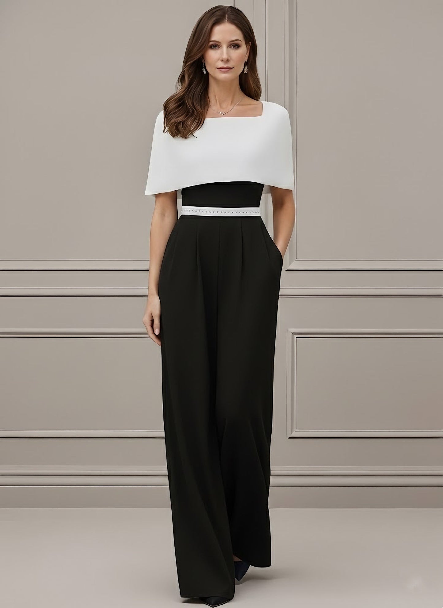 Square Collar Stretch Satin Mother of the Bride Jumpsuit Floor-Length Cape Sleeves Sash