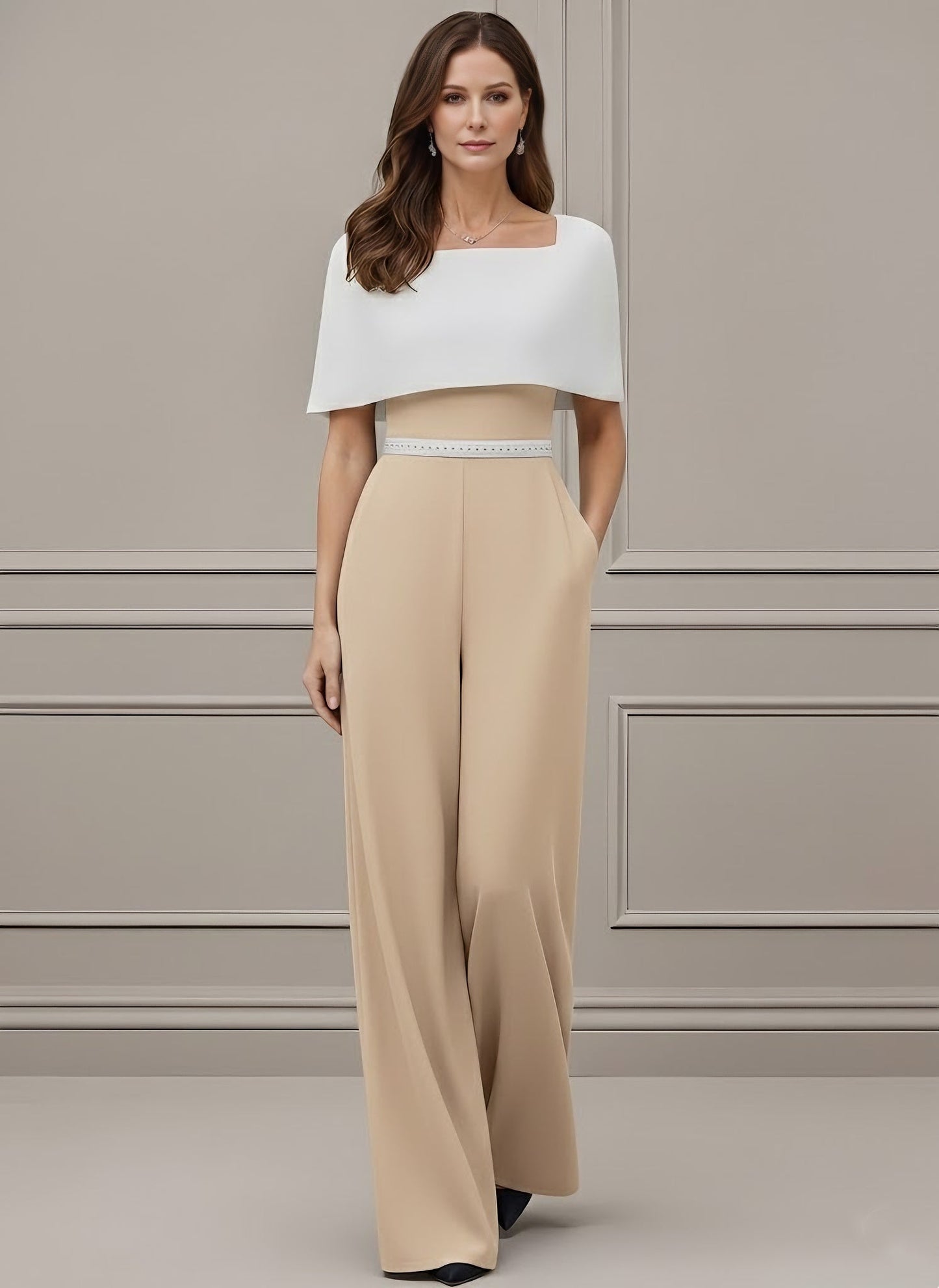 Square Collar Stretch Satin Mother of the Bride Jumpsuit Floor-Length Cape Sleeves Sash