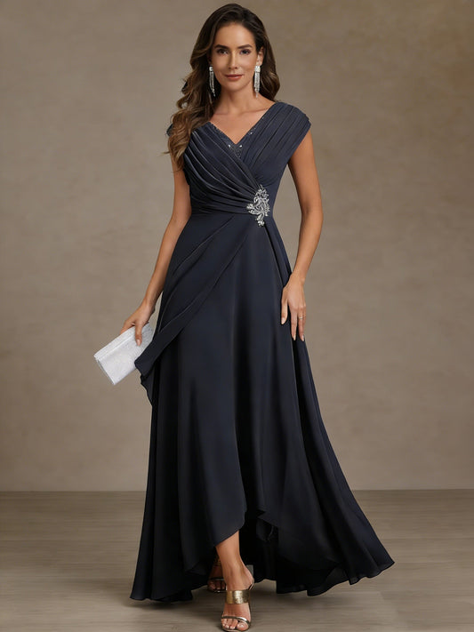 V-Neck Chiffon Mother of the Bride Dresses Asymmetrical Floor-Length Sequins Ruched