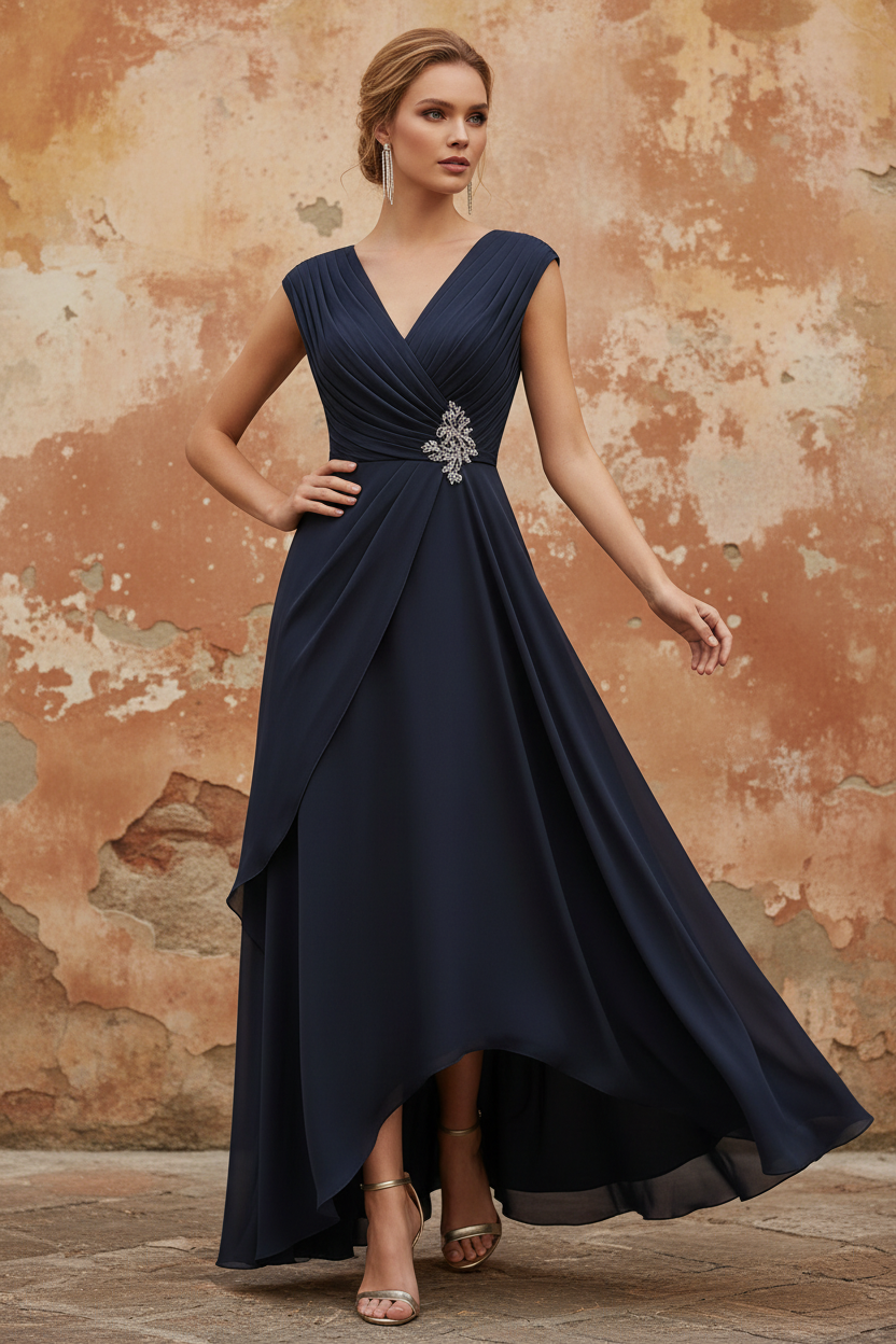 V-Neck Chiffon Mother of the Bride Dresses Asymmetrical Floor-Length Sequins Ruched