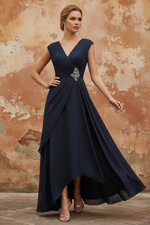 V-Neck Chiffon Mother of the Bride Dresses Asymmetrical Floor-Length Sequins Ruched