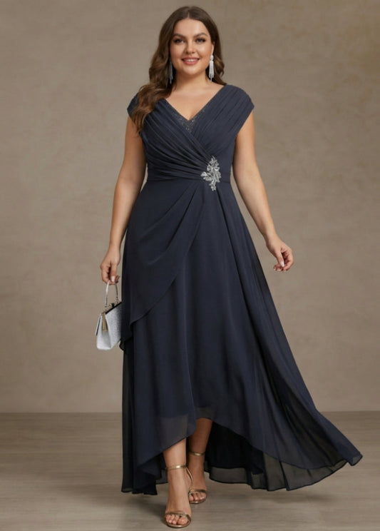 V-Neck Chiffon Plus Size Mother of the Bride Dresses Asymmetrical Floor-Length Sequins Ruched