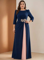 Scoop Stretch Satin Plus Size Mother of the Bride Dresses 3/4 Sleeves Floor-Length Pleated