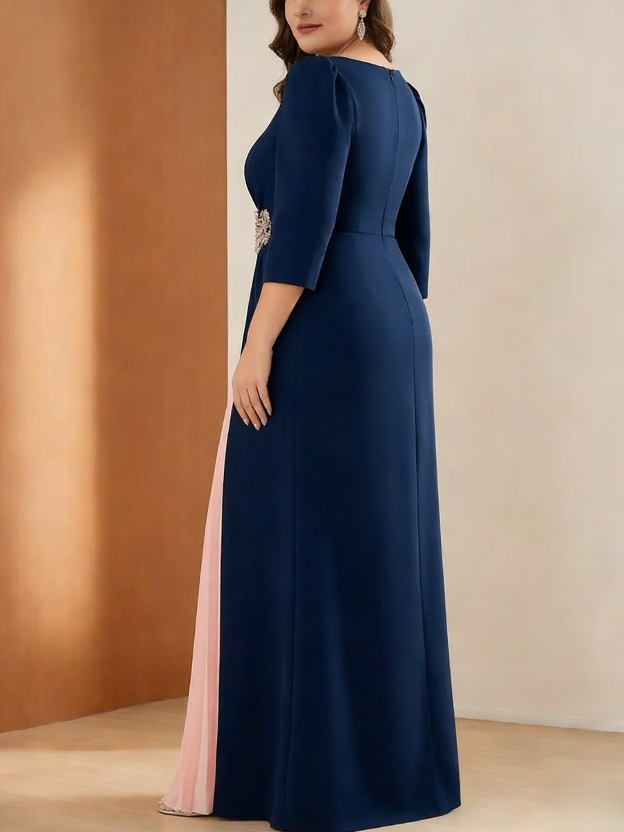 Scoop Stretch Satin Plus Size Mother of the Bride Dresses 3/4 Sleeves Floor-Length Pleated