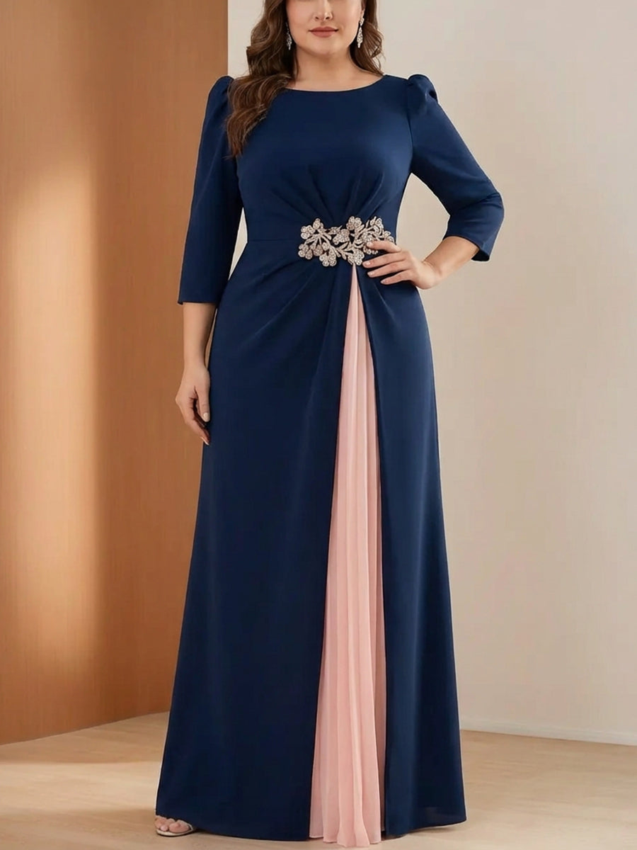 Scoop Stretch Satin Plus Size Mother of the Bride Dresses 3/4 Sleeves Floor-Length Pleated