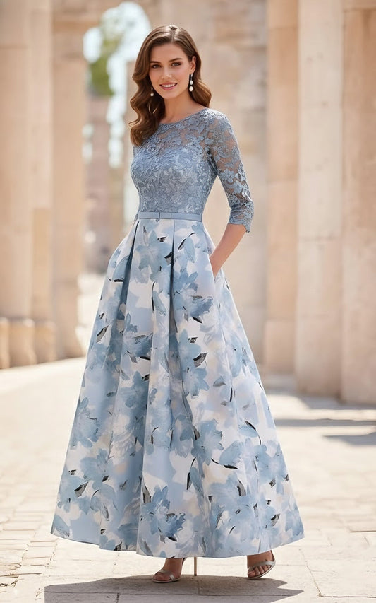 Scoop Satin Mother of the Bride Dresses Lace Ankle-Length Half Sleeves Printed Flower