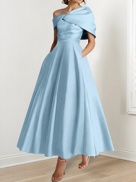 A-Line/Princess Off-The-Shoulder Satin Mother Of The Bride Dresses Sleeveless Ankle-Length with Ruffles & Bowknot