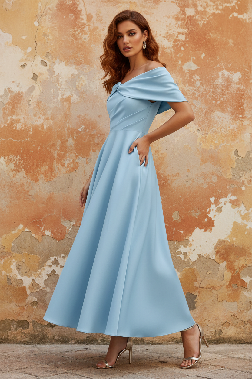 Off-The-Shoulder Satin Mother Of The Bride Dresses Sleeveless Ankle-Length with Ruffles & Bowknot