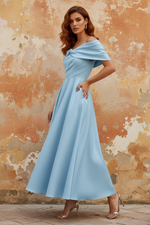 Off-The-Shoulder Satin Mother Of The Bride Dresses Sleeveless Ankle-Length with Ruffles & Bowknot