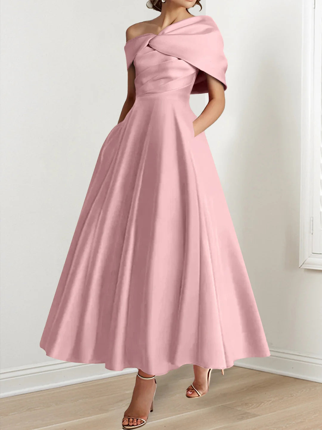 A-Line/Princess Off-The-Shoulder Satin Mother Of The Bride Dresses Sleeveless Ankle-Length with Ruffles & Bowknot