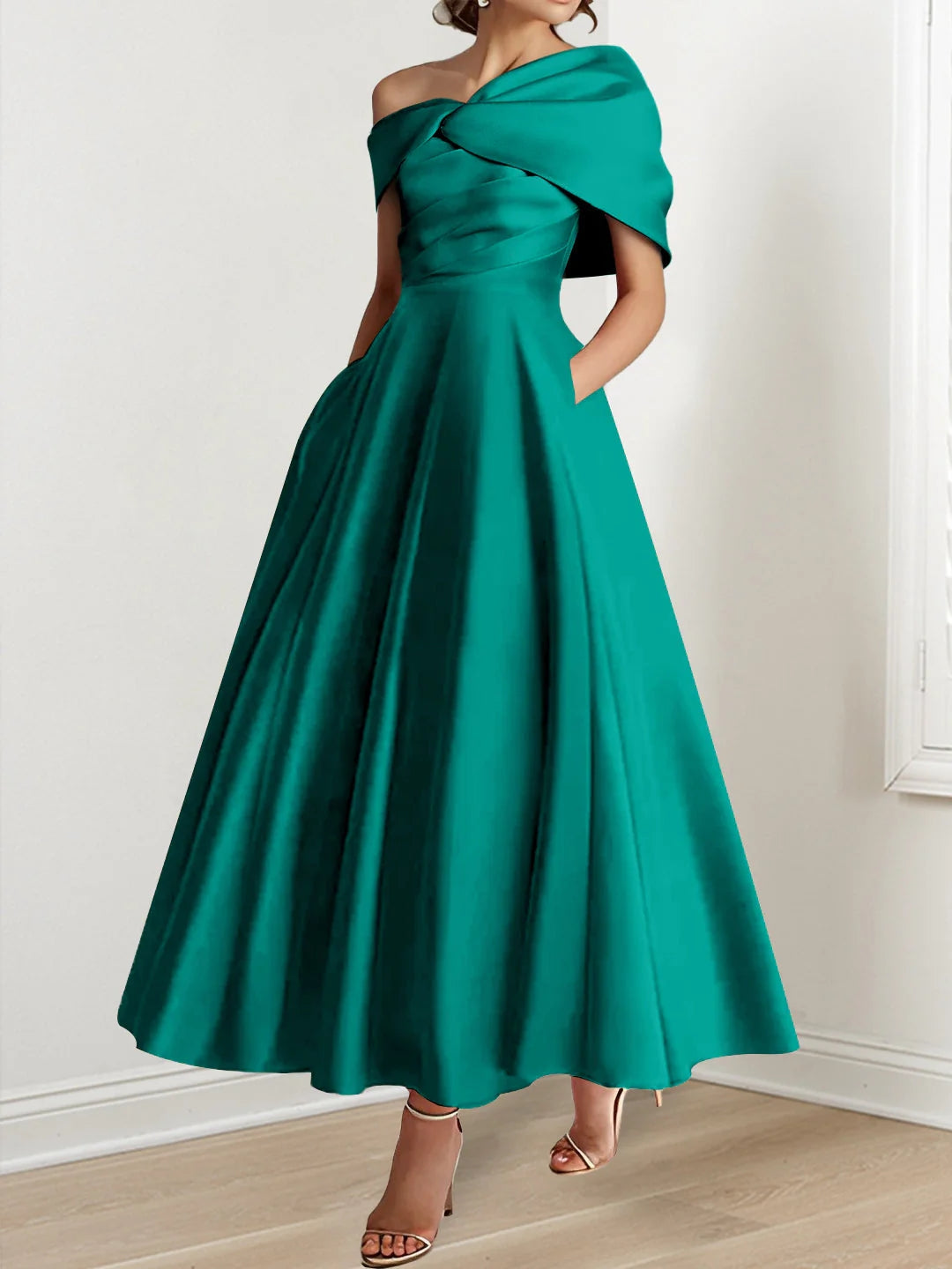 A-Line/Princess Off-The-Shoulder Satin Mother Of The Bride Dresses Sleeveless Ankle-Length with Ruffles & Bowknot