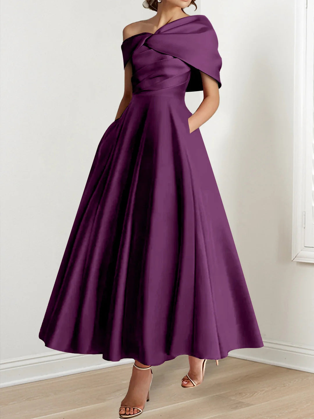 A-Line/Princess Off-The-Shoulder Satin Mother Of The Bride Dresses Sleeveless Ankle-Length with Ruffles & Bowknot