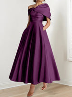 A-Line/Princess Off-The-Shoulder Satin Mother Of The Bride Dresses Sleeveless Ankle-Length with Ruffles & Bowknot