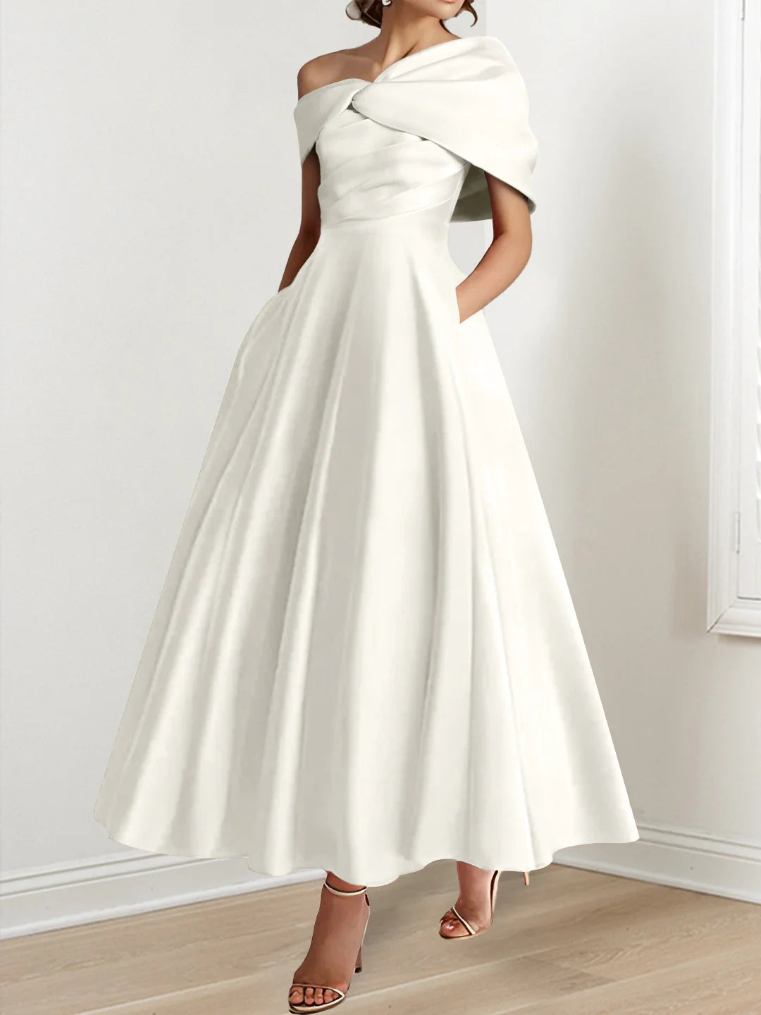 A-Line/Princess Off-The-Shoulder Satin Mother Of The Bride Dresses Sleeveless Ankle-Length with Ruffles & Bowknot